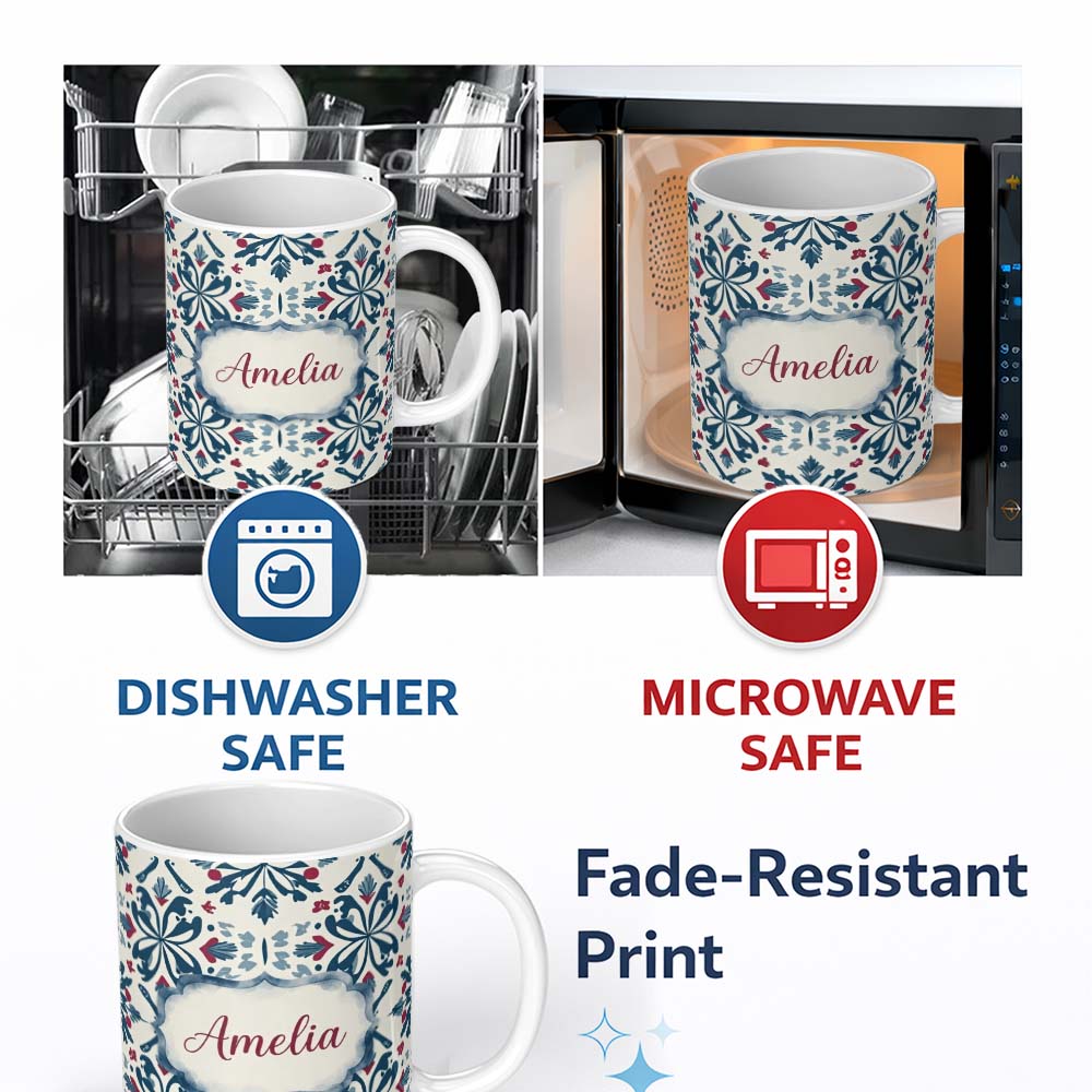 Personalized Custom Name Decorative Folk Floral Symmetry Blue Red Seamless Pattern Custom 11oz Ceramic Coffee Tea Mug White Large Handle