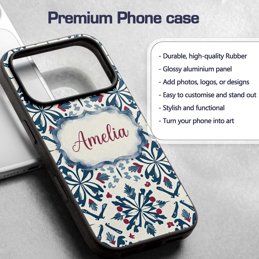 Decorative Folk Floral Symmetry Blue Red Seamless Custom Name Protective Phone Case Mobile Cover Durable Everyday Smartphone Shock Resistant