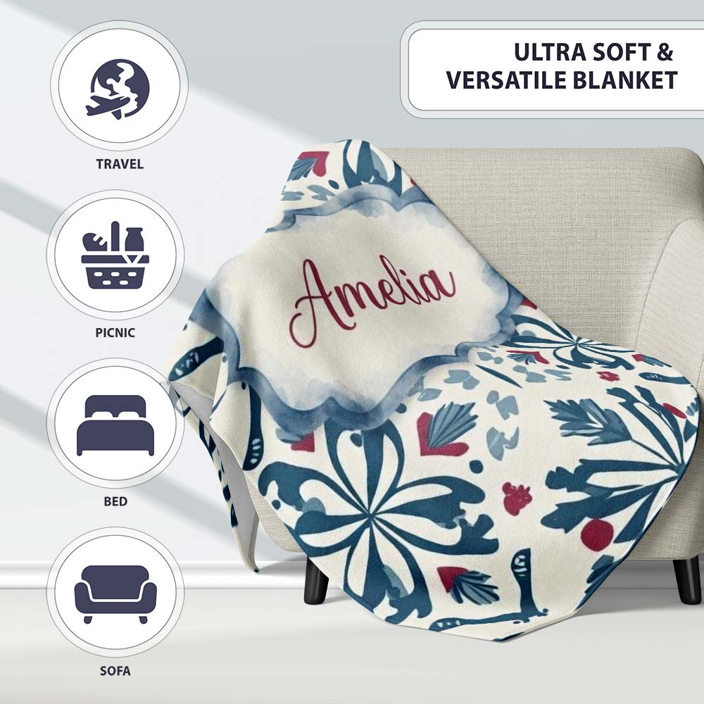Decorative Folk Floral Symmetry Blue Red Seamless Pattern Custom  Personalised Custom Name Super Soft Fleece Blanket Bed Sofa Throw
