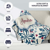 Decorative Folk Floral Symmetry Blue Red Seamless Pattern Custom  Personalised Custom Name Super Soft Fleece Blanket Bed Sofa Throw