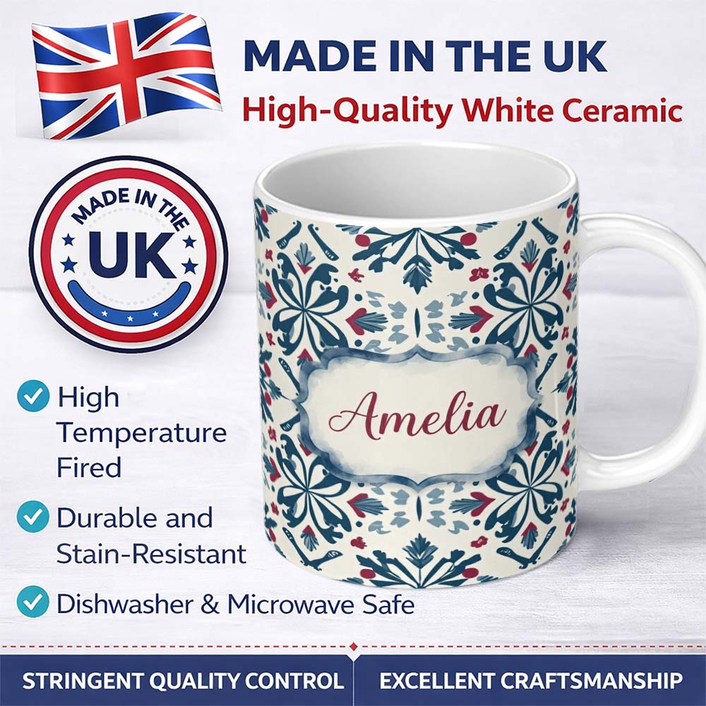 Personalized Custom Name Decorative Folk Floral Symmetry Blue Red Seamless Pattern Custom 11oz Ceramic Coffee Tea Mug White Large Handle