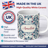 Personalized Custom Name Decorative Folk Floral Symmetry Blue Red Seamless Pattern Custom 11oz Ceramic Coffee Tea Mug White Large Handle