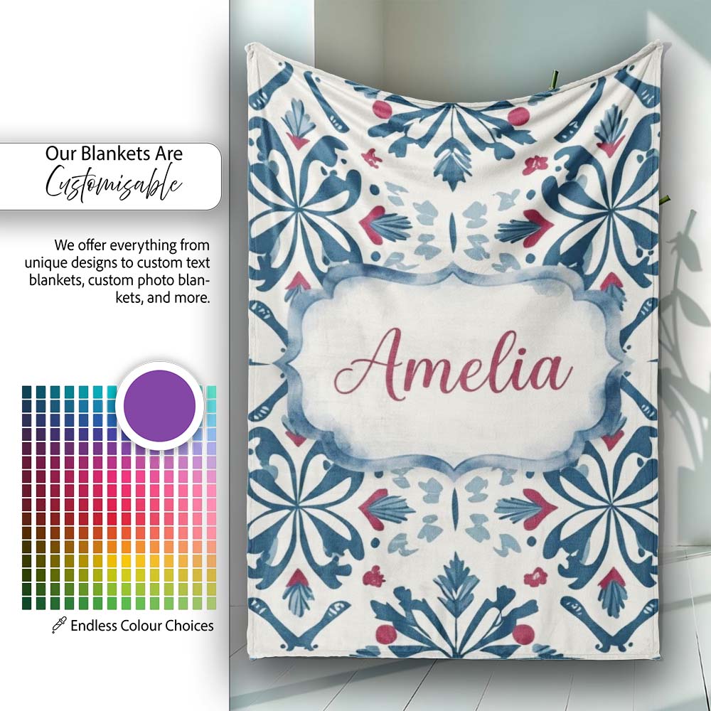 Decorative Folk Floral Symmetry Blue Red Seamless Pattern Custom  Personalised Custom Name Super Soft Fleece Blanket Bed Sofa Throw