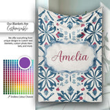 Decorative Folk Floral Symmetry Blue Red Seamless Pattern Custom  Personalised Custom Name Super Soft Fleece Blanket Bed Sofa Throw