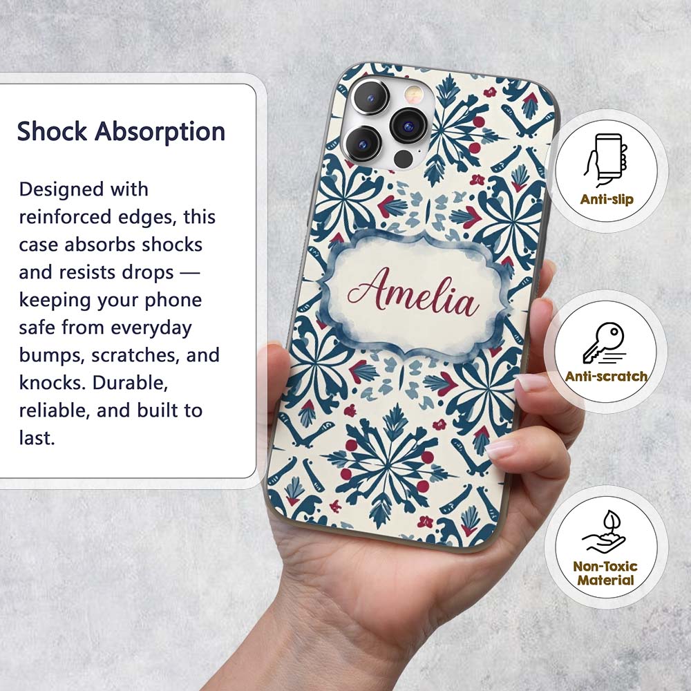 Decorative Folk Floral Symmetry Blue Red Seamless Custom Name Protective Phone Case Mobile Cover Durable Everyday Smartphone Shock Resistant