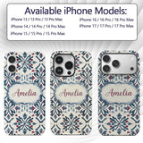 Decorative Folk Floral Symmetry Blue Red Seamless Custom Name Protective Phone Case Mobile Cover Durable Everyday Smartphone Shock Resistant