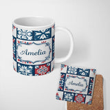 Personalized Custom Name Patchwork Folk Tile Snowflake Blue Red Seamless Pattern Name Cute 11oz Ceramic Coffee Tea Mug White Large Handle