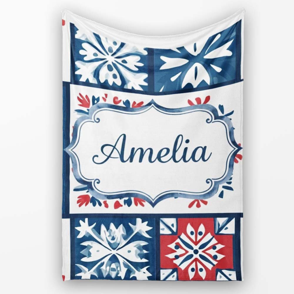 Patchwork Folk Tile Snowflake Blue Red Seamless Pattern Name Cute  Personalised Custom Name Super Soft Fleece Blanket Bed Sofa Throw