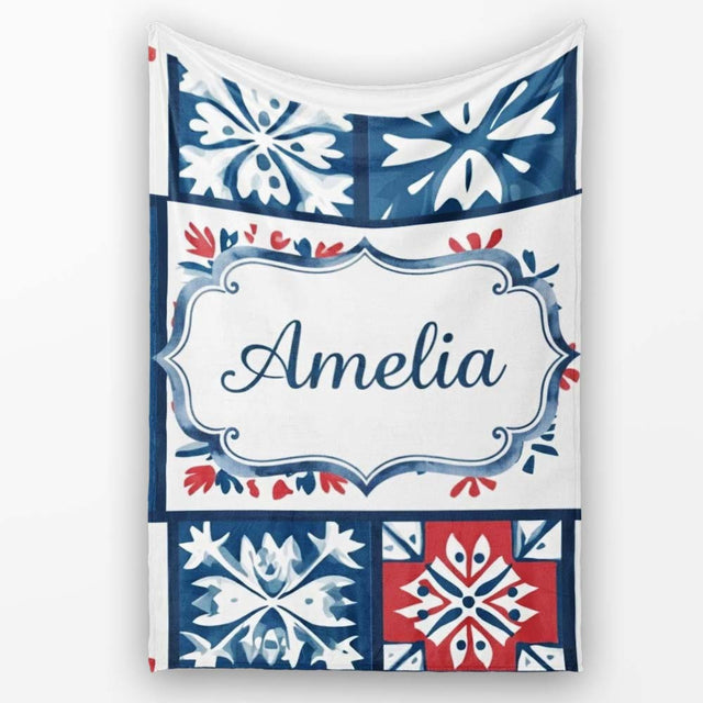 Patchwork Folk Tile Snowflake Blue Red Seamless Pattern Name Cute  Personalised Custom Name Super Soft Fleece Blanket Bed Sofa Throw