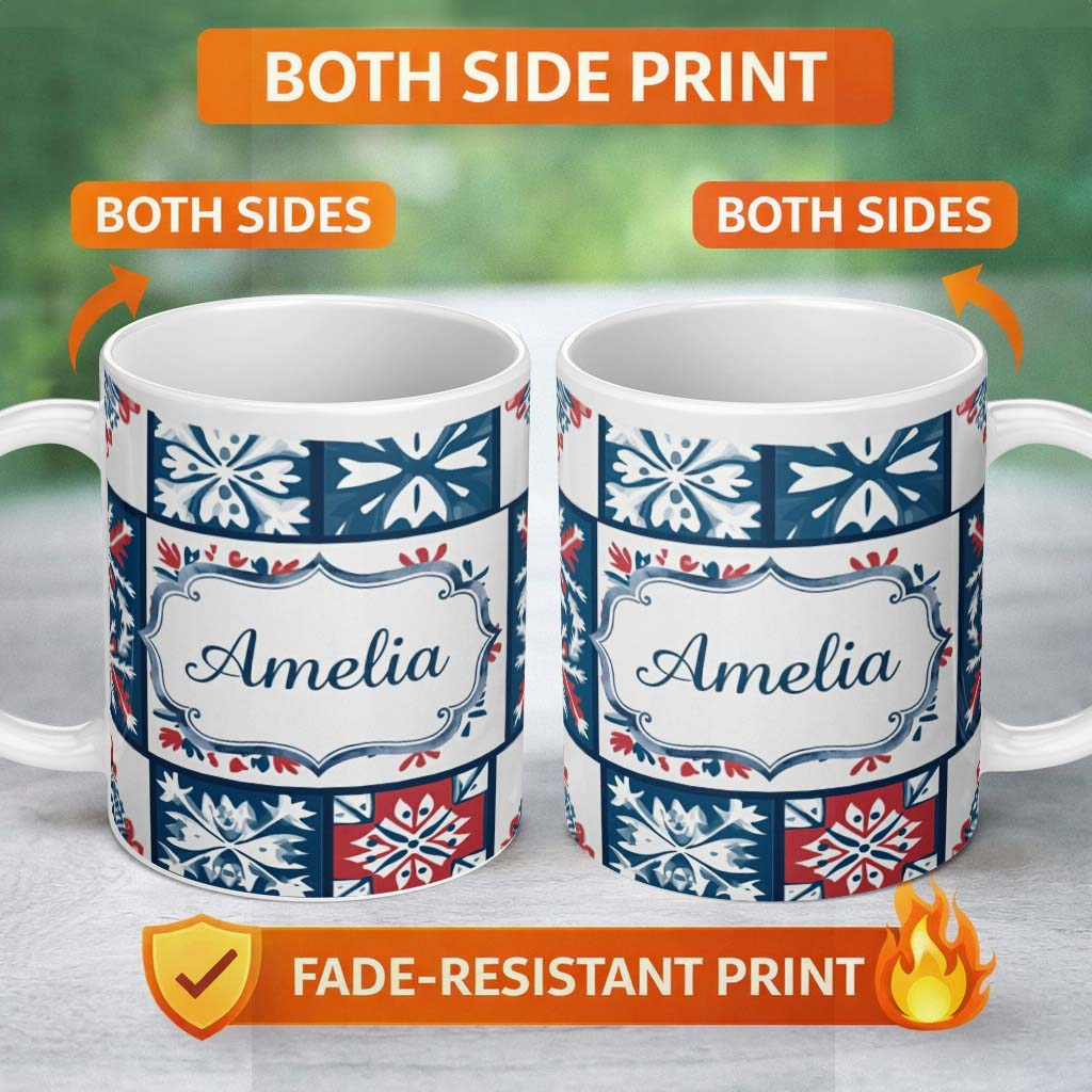 Personalized Custom Name Patchwork Folk Tile Snowflake Blue Red Seamless Pattern Name Cute 11oz Ceramic Coffee Tea Mug White Large Handle