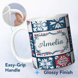 Personalized Custom Name Patchwork Folk Tile Snowflake Blue Red Seamless Pattern Name Cute 11oz Ceramic Coffee Tea Mug White Large Handle
