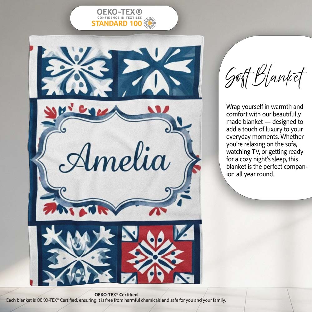 Patchwork Folk Tile Snowflake Blue Red Seamless Pattern Name Cute  Personalised Custom Name Super Soft Fleece Blanket Bed Sofa Throw
