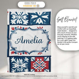 Patchwork Folk Tile Snowflake Blue Red Seamless Pattern Name Cute  Personalised Custom Name Super Soft Fleece Blanket Bed Sofa Throw