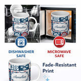 Personalized Custom Name Patchwork Folk Tile Snowflake Blue Red Seamless Pattern Name Cute 11oz Ceramic Coffee Tea Mug White Large Handle