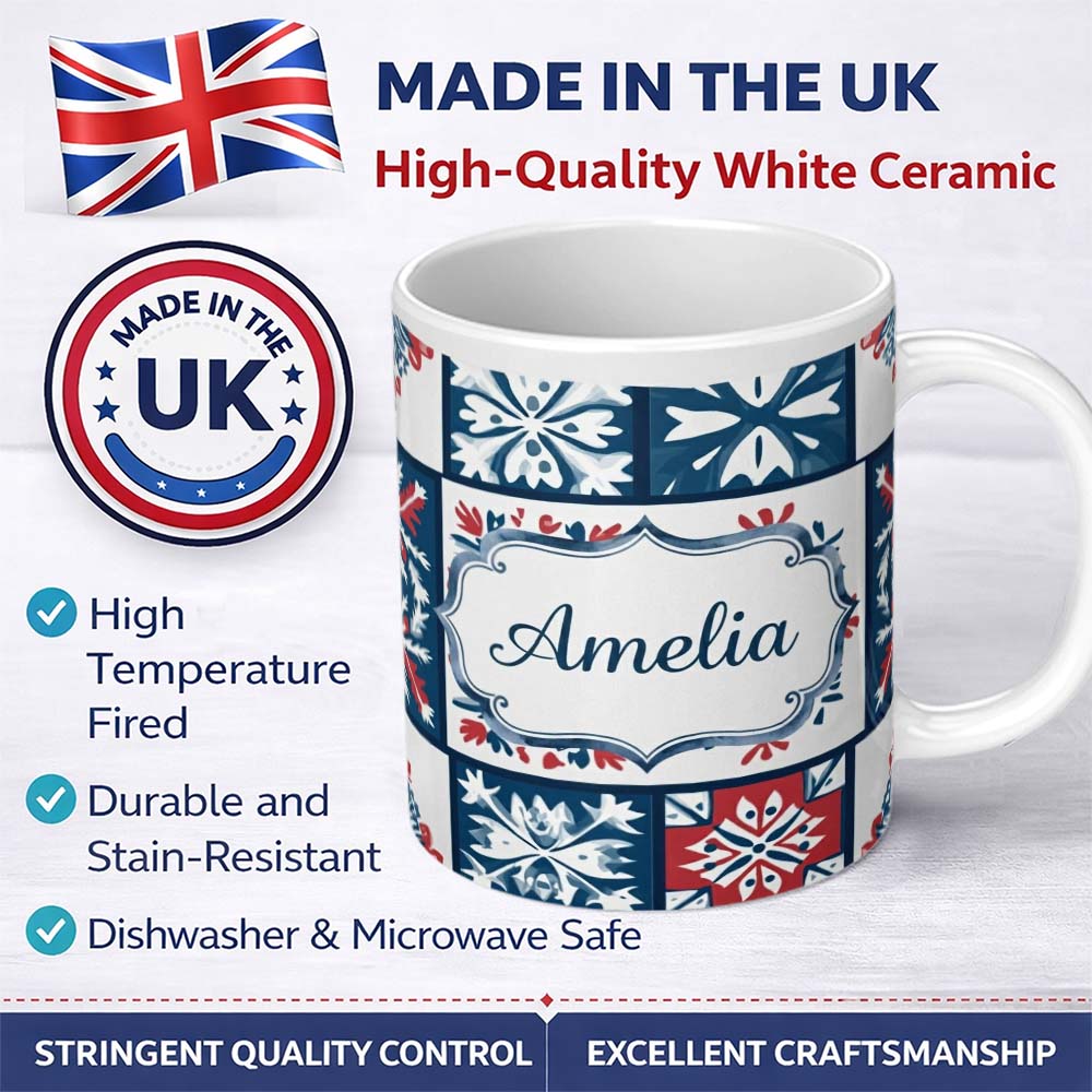 Personalized Custom Name Patchwork Folk Tile Snowflake Blue Red Seamless Pattern Name Cute 11oz Ceramic Coffee Tea Mug White Large Handle