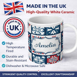 Personalized Custom Name Patchwork Folk Tile Snowflake Blue Red Seamless Pattern Name Cute 11oz Ceramic Coffee Tea Mug White Large Handle