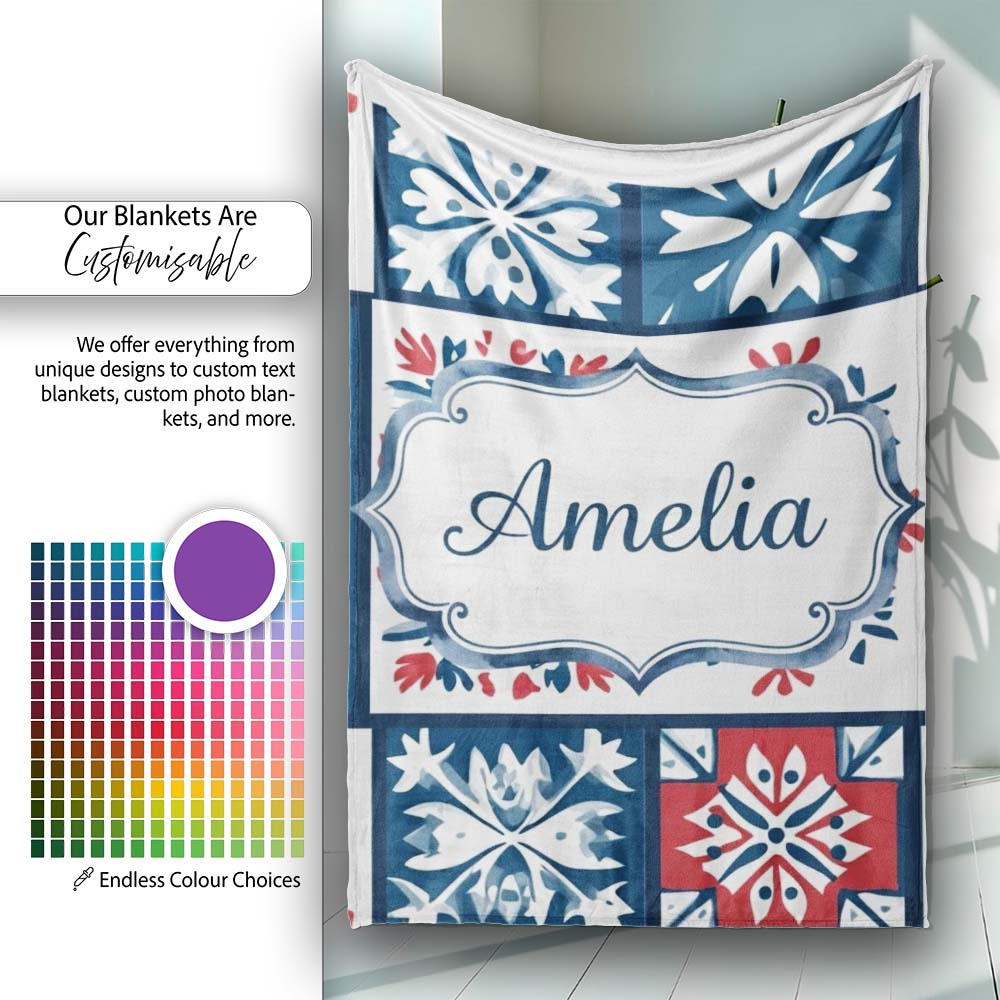 Patchwork Folk Tile Snowflake Blue Red Seamless Pattern Name Cute  Personalised Custom Name Super Soft Fleece Blanket Bed Sofa Throw