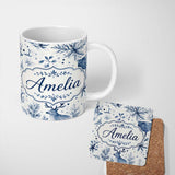 Personalized Custom Name Winter Woodland Deer Snowflake Blue Seamless Pattern Name Cute 11oz Ceramic Coffee Tea Mug White Large Handle