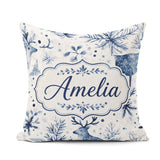 Custom Name Winter Woodland Deer Blue Seamless Pattern Name Cute Square Filled Cushion Throw Pillow Sofa Bed Home Decor Zip Washable UK Made