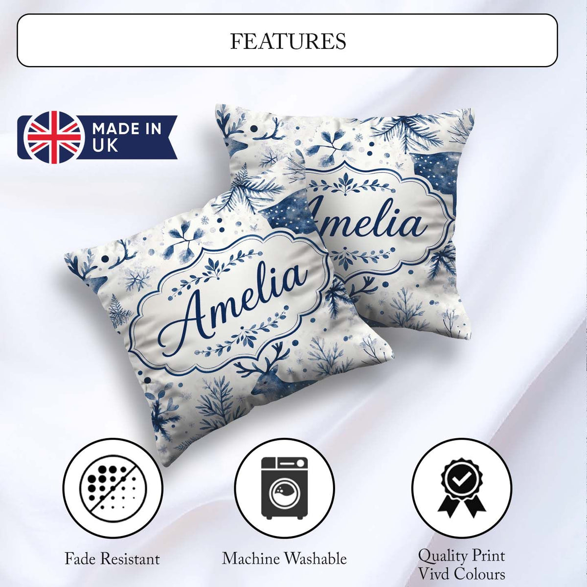 Custom Name Winter Woodland Deer Blue Seamless Pattern Name Cute Square Filled Cushion Throw Pillow Sofa Bed Home Decor Zip Washable UK Made