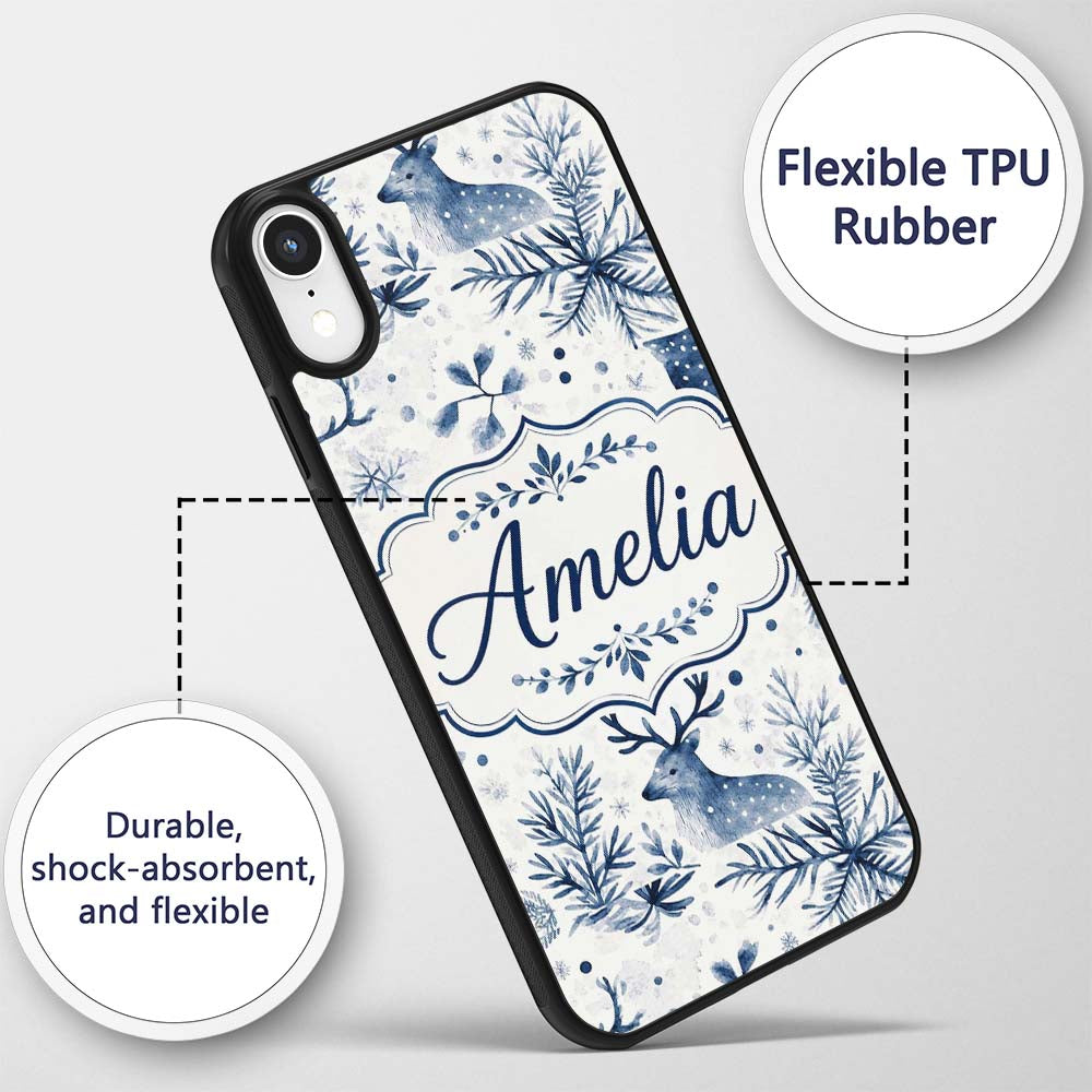 Winter Woodland Deer Snowflake Blue Seamless Custom Name Protective Phone Case Mobile Cover Durable Everyday Smartphone Shock Resistant