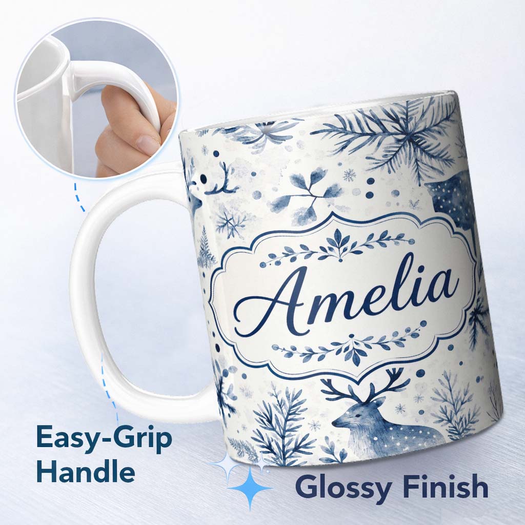 Personalized Custom Name Winter Woodland Deer Snowflake Blue Seamless Pattern Name Cute 11oz Ceramic Coffee Tea Mug White Large Handle
