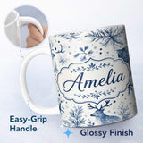 Personalized Custom Name Winter Woodland Deer Snowflake Blue Seamless Pattern Name Cute 11oz Ceramic Coffee Tea Mug White Large Handle