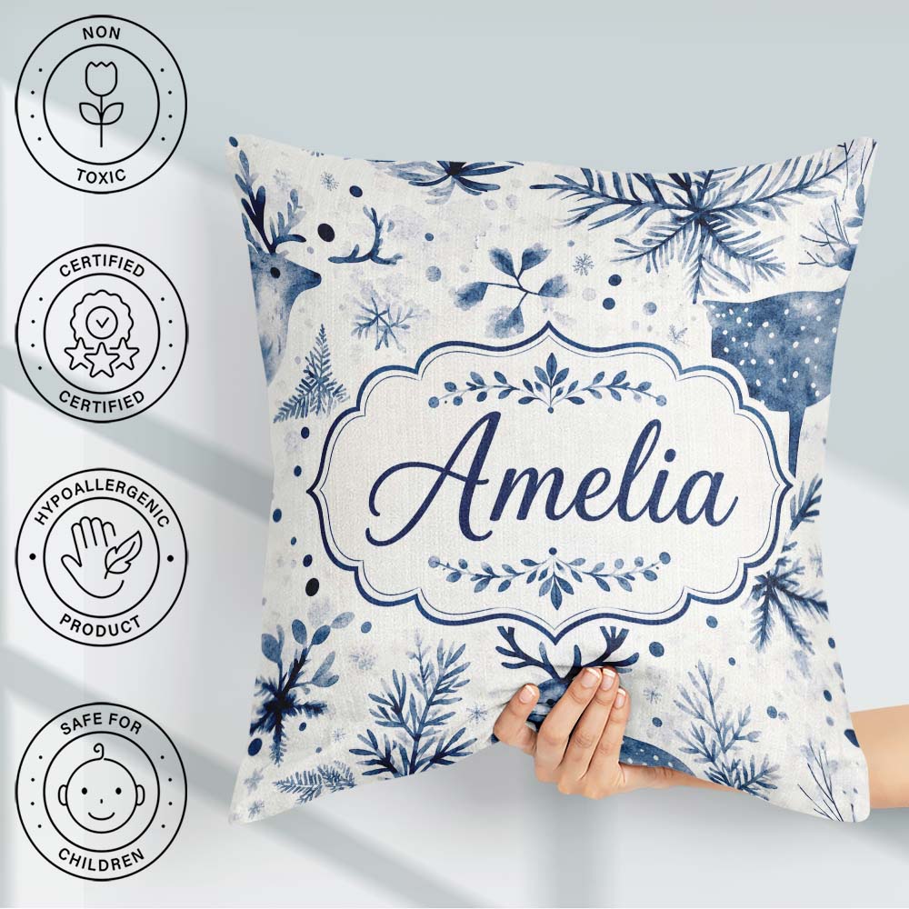 Custom Name Winter Woodland Deer Blue Seamless Pattern Name Cute Square Filled Cushion Throw Pillow Sofa Bed Home Decor Zip Washable UK Made