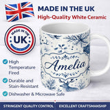Personalized Custom Name Winter Woodland Deer Snowflake Blue Seamless Pattern Name Cute 11oz Ceramic Coffee Tea Mug White Large Handle