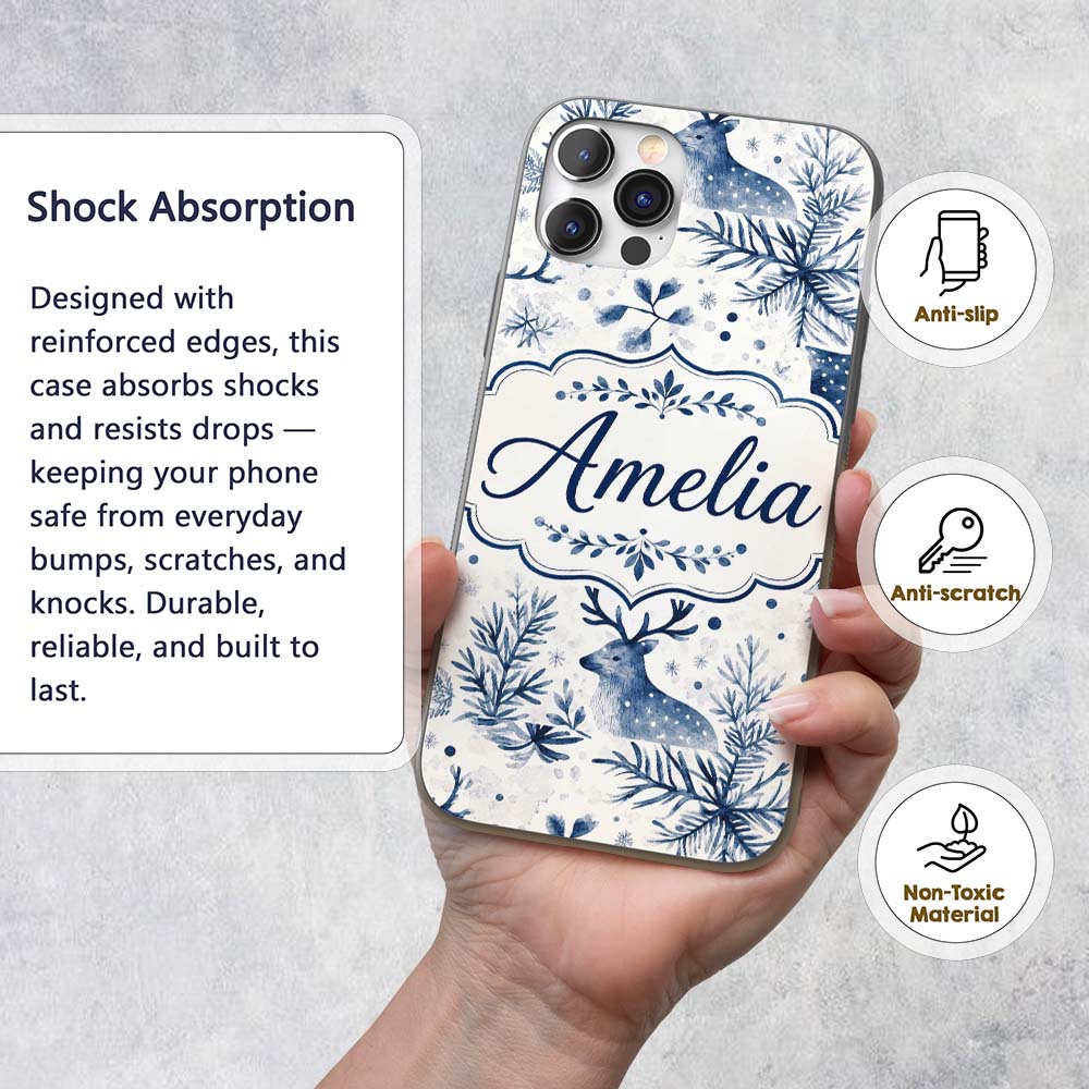 Winter Woodland Deer Snowflake Blue Seamless Custom Name Protective Phone Case Mobile Cover Durable Everyday Smartphone Shock Resistant