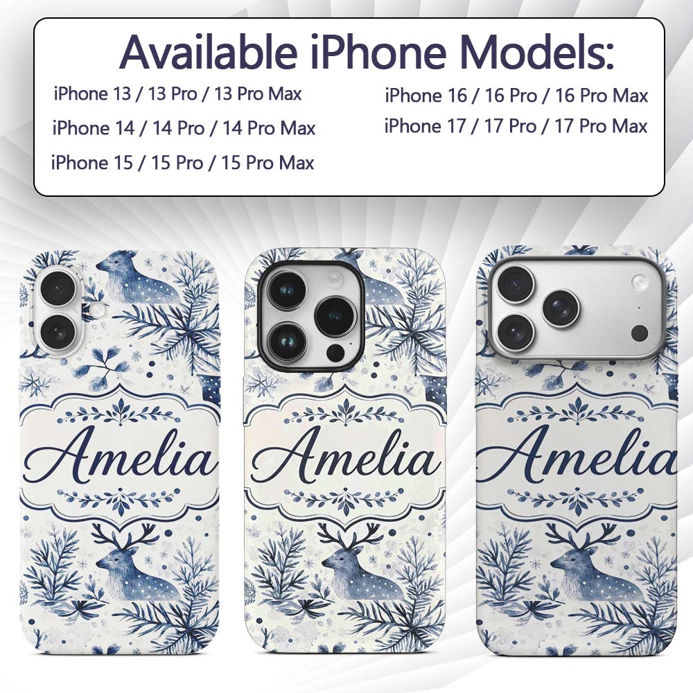 Winter Woodland Deer Snowflake Blue Seamless Custom Name Protective Phone Case Mobile Cover Durable Everyday Smartphone Shock Resistant