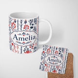 Personalized Custom Name Hand Drawn Botanical Winter Leaves Red Blue Seamless Pattern Name 11oz Ceramic Coffee Tea Mug White Large Handle