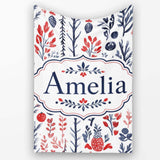 Hand Drawn Botanical Winter Leaves Red Blue Seamless Pattern Name  Personalised Custom Name Super Soft Fleece Blanket Bed Sofa Throw