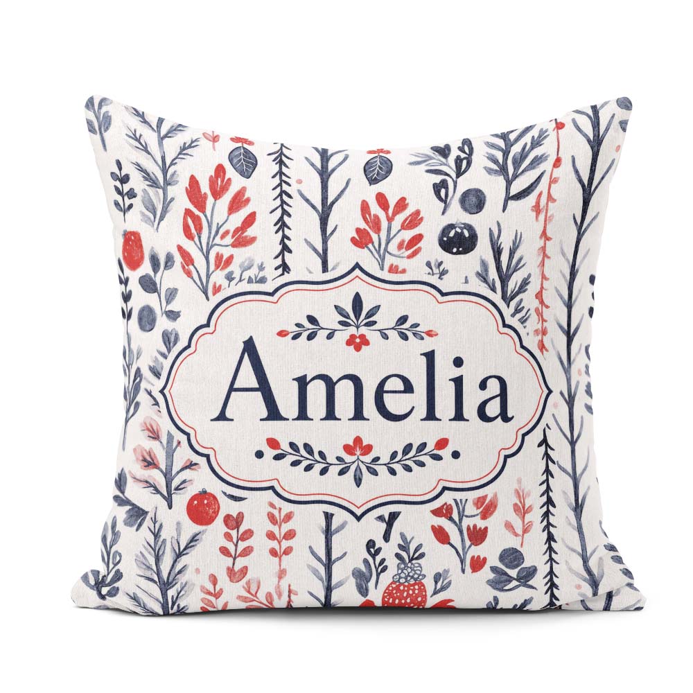 Custom Name Hand Drawn Botanical Winter Leaves Red Blue Seamless Square Filled Cushion Throw Pillow Sofa Bed Home Decor Zip Washable UK Made
