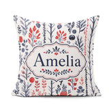 Custom Name Hand Drawn Botanical Winter Leaves Red Blue Seamless Square Filled Cushion Throw Pillow Sofa Bed Home Decor Zip Washable UK Made