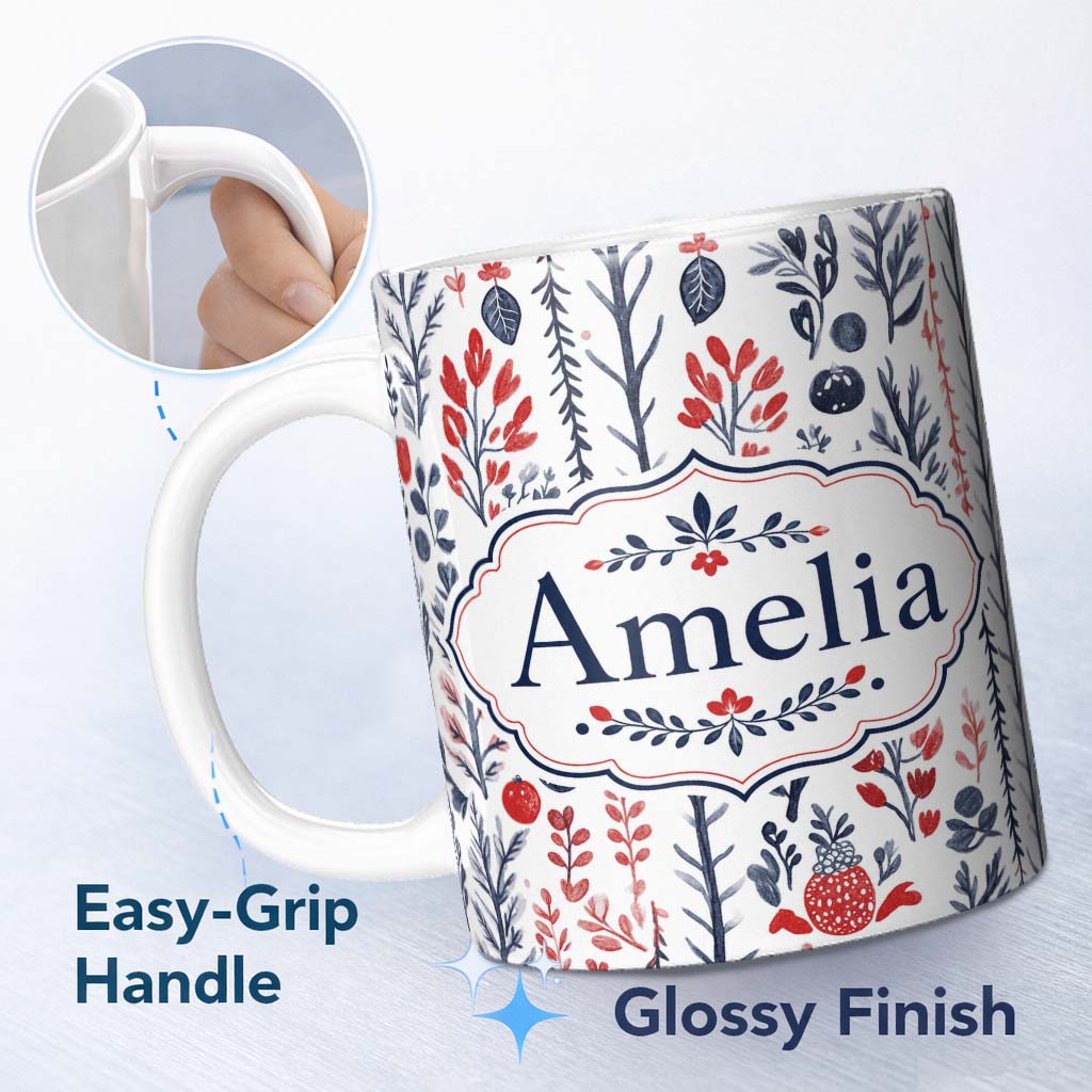 Personalized Custom Name Hand Drawn Botanical Winter Leaves Red Blue Seamless Pattern Name 11oz Ceramic Coffee Tea Mug White Large Handle
