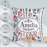 Custom Name Hand Drawn Botanical Winter Leaves Red Blue Seamless Square Filled Cushion Throw Pillow Sofa Bed Home Decor Zip Washable UK Made
