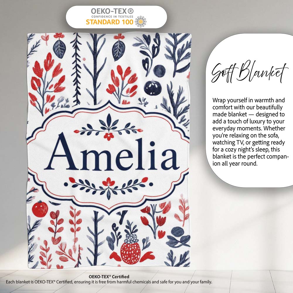 Hand Drawn Botanical Winter Leaves Red Blue Seamless Pattern Name  Personalised Custom Name Super Soft Fleece Blanket Bed Sofa Throw