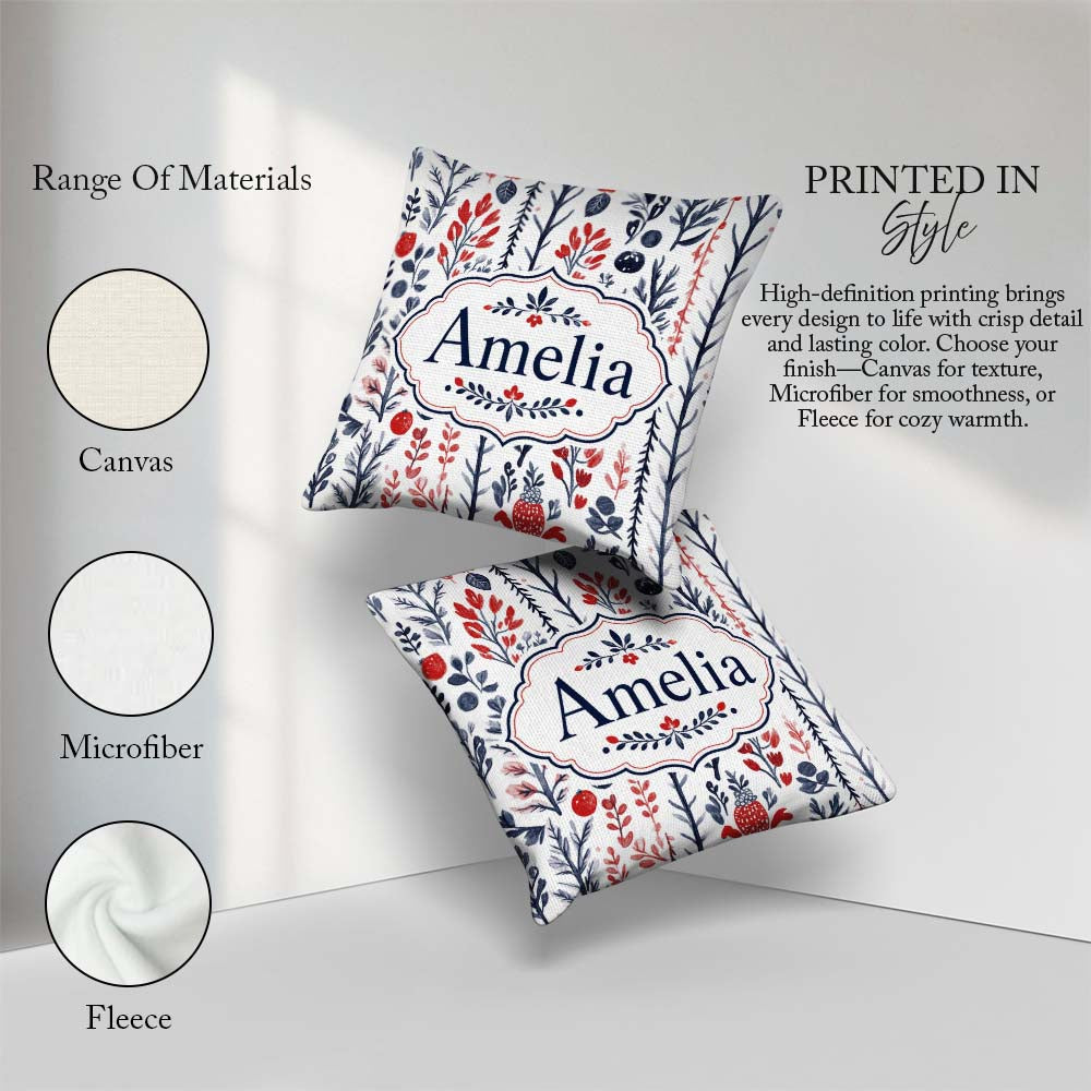 Custom Name Hand Drawn Botanical Winter Leaves Red Blue Seamless Square Filled Cushion Throw Pillow Sofa Bed Home Decor Zip Washable UK Made