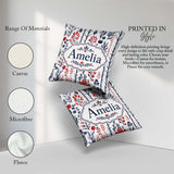 Custom Name Hand Drawn Botanical Winter Leaves Red Blue Seamless Square Filled Cushion Throw Pillow Sofa Bed Home Decor Zip Washable UK Made