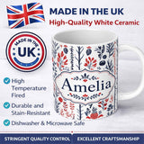 Personalized Custom Name Hand Drawn Botanical Winter Leaves Red Blue Seamless Pattern Name 11oz Ceramic Coffee Tea Mug White Large Handle