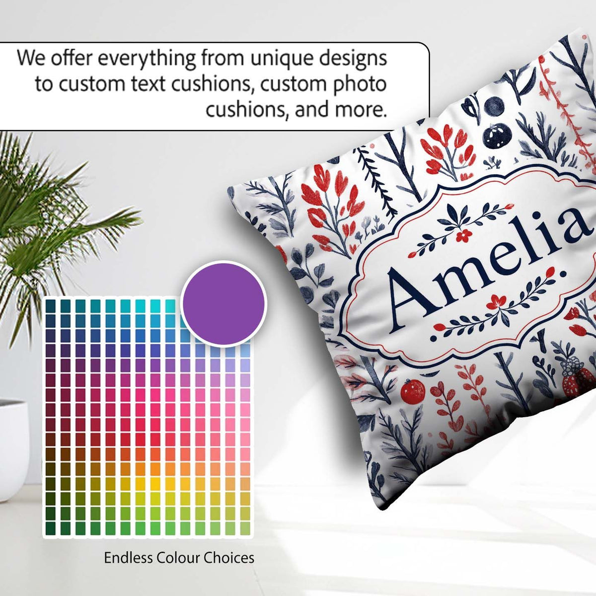Custom Name Hand Drawn Botanical Winter Leaves Red Blue Seamless Square Filled Cushion Throw Pillow Sofa Bed Home Decor Zip Washable UK Made