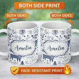 Personalized Custom Name Minimal Nordic Deer Botanical Blue Grey Seamless Pattern Name Cute 11oz Ceramic Coffee Tea Mug White Large Handle