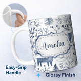 Personalized Custom Name Minimal Nordic Deer Botanical Blue Grey Seamless Pattern Name Cute 11oz Ceramic Coffee Tea Mug White Large Handle