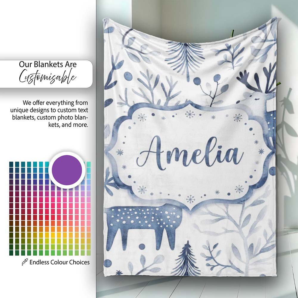 Minimal Nordic Deer Botanical Blue Grey Seamless Pattern Name Cute  Personalised Custom Name Super Soft Fleece Blanket Bed Sofa Throw