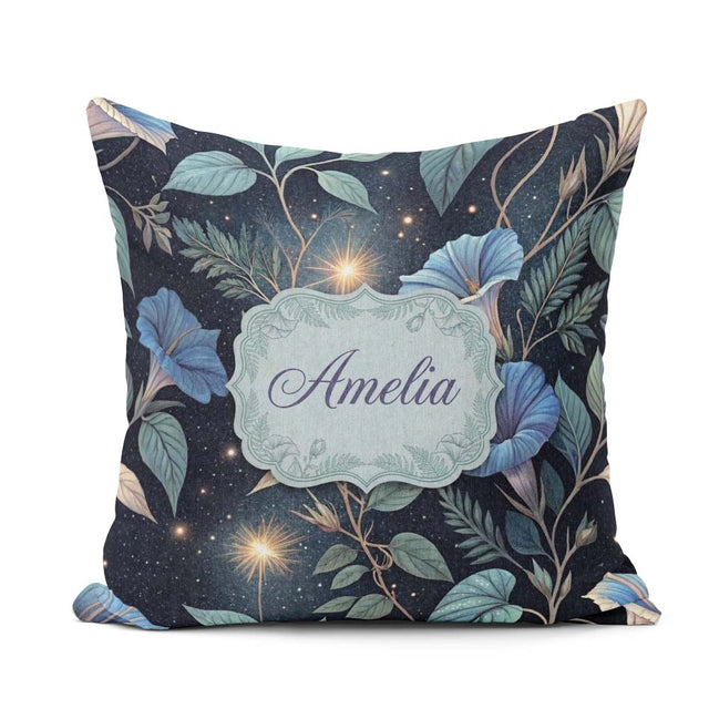 Custom Name Blue Floral Night Sky Botanical Stars Pattern Lovely Square Filled Cushion Throw Pillow Sofa Bed Home Decor Zip Washable UK Made