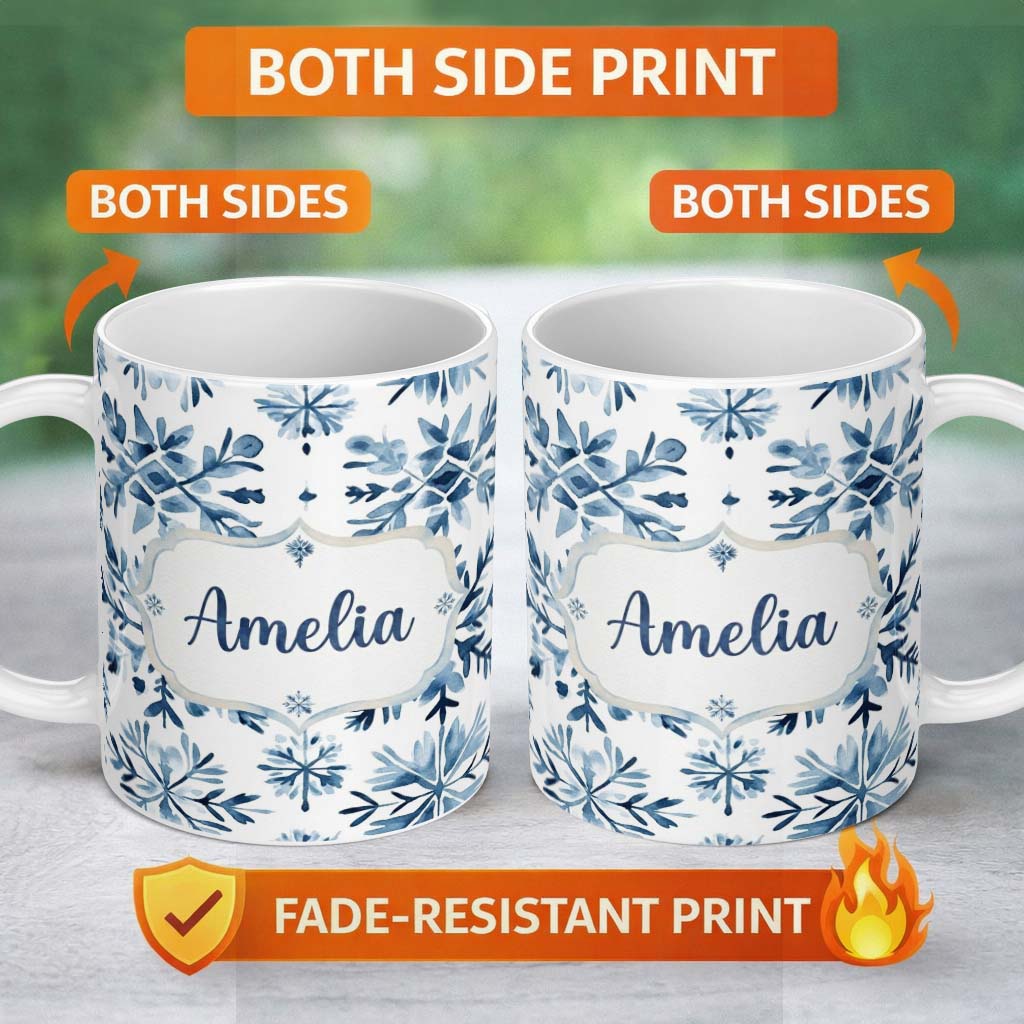 Personalized Custom Name Blue Watercolor Snowflake Floral Seamless Pattern Name Cute Unique 11oz Ceramic Coffee Tea Mug White Large Handle