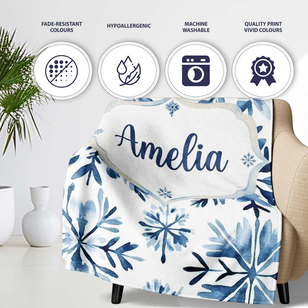 Blue Watercolor Snowflake Floral Seamless Pattern Name Cute Unique  Personalised Custom Name Super Soft Fleece Blanket Bed Sofa Throw