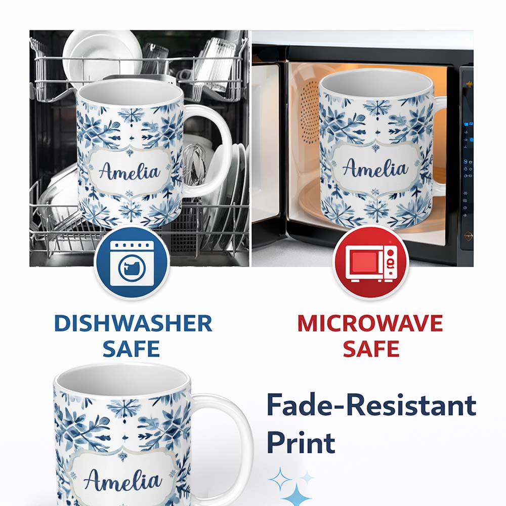 Personalized Custom Name Blue Watercolor Snowflake Floral Seamless Pattern Name Cute Unique 11oz Ceramic Coffee Tea Mug White Large Handle