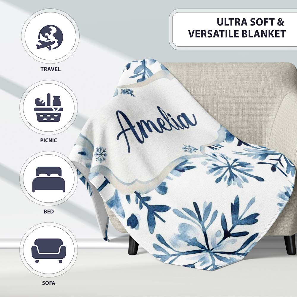 Blue Watercolor Snowflake Floral Seamless Pattern Name Cute Unique  Personalised Custom Name Super Soft Fleece Blanket Bed Sofa Throw